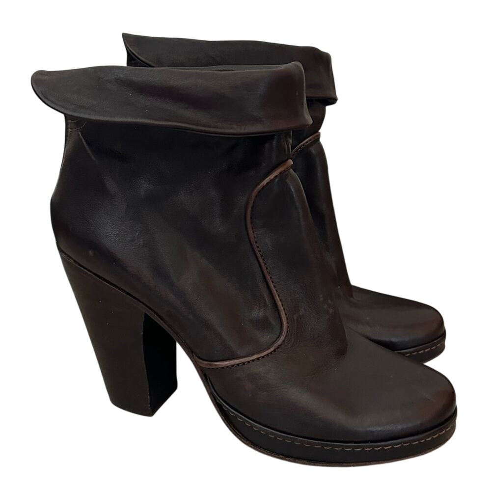 Fiorentini + Baker Fold Over Brown Leather Boots Italian Size 37 US 7 Ankle Heel